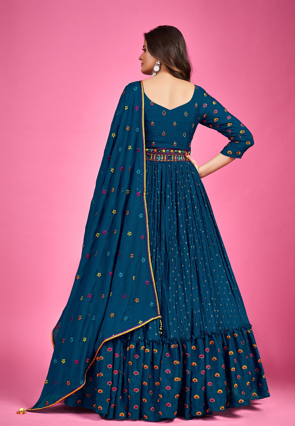 Chinon Chiffon Embroidered Abaya Style Suit in Teal Blue