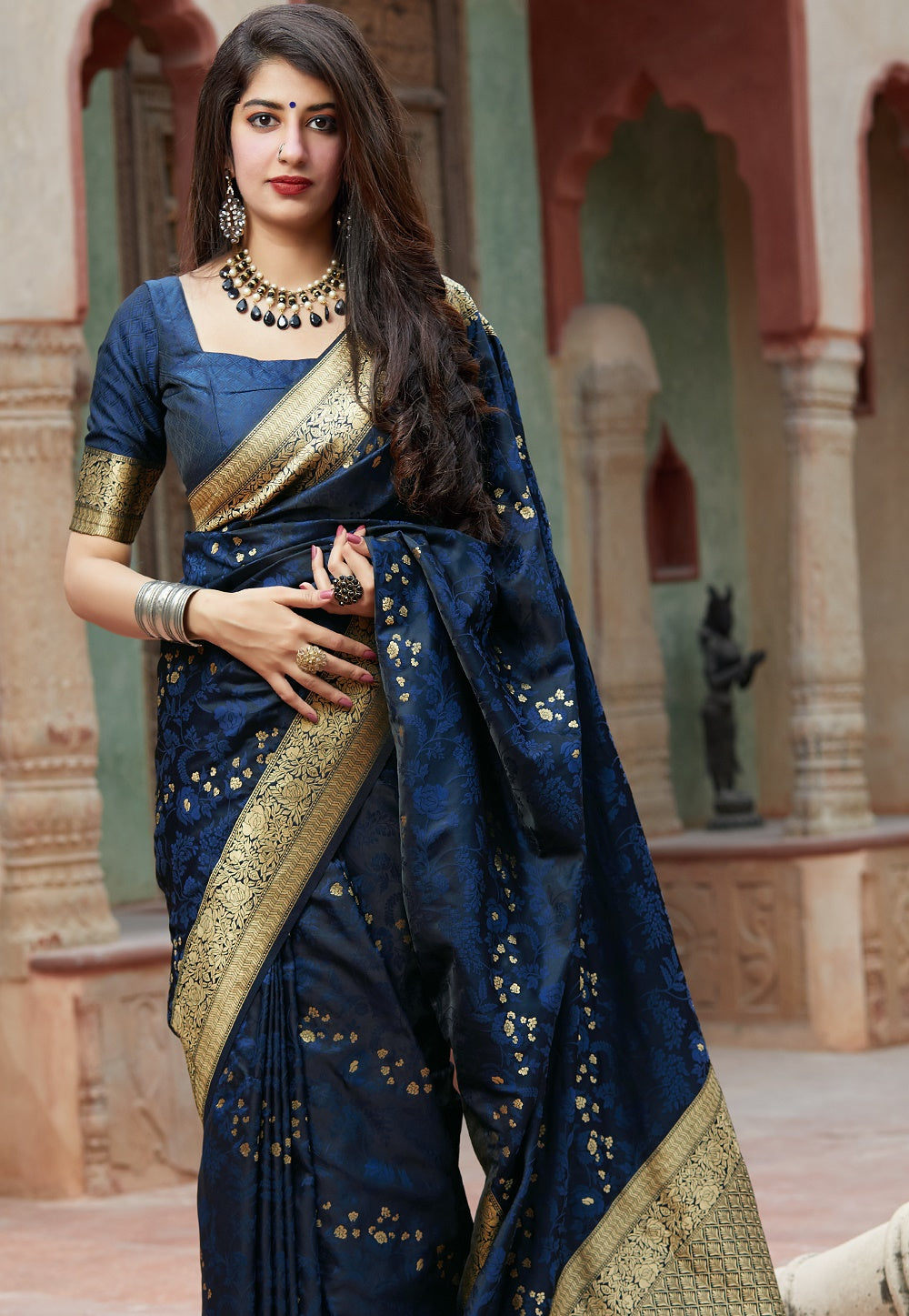 Woven Silk Saree in Dark Blue