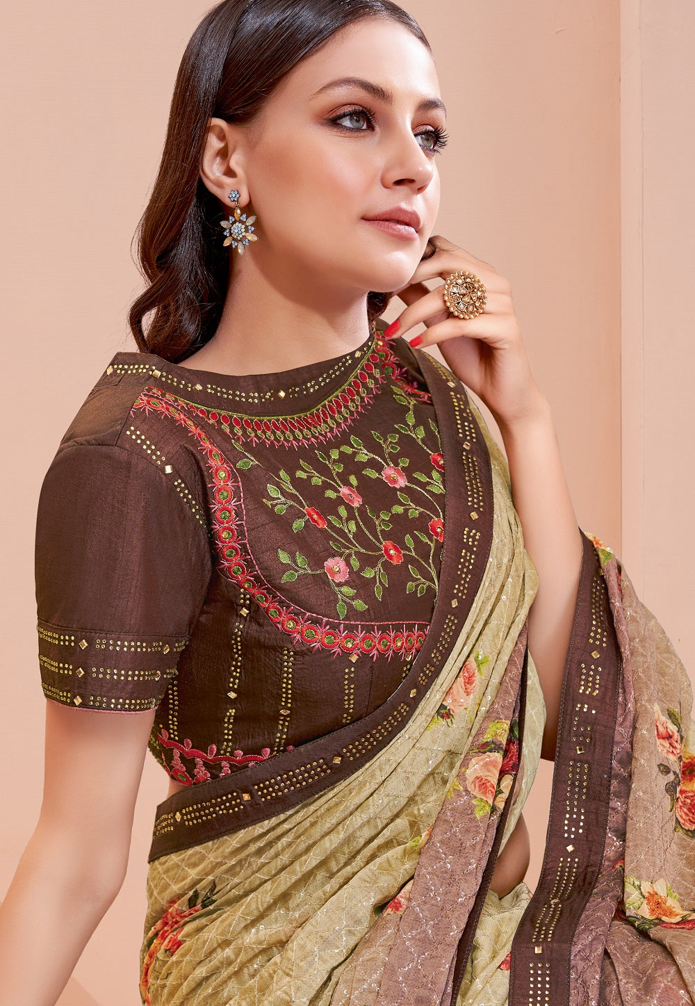 Georgette Saree in Olive Green and Old Rose