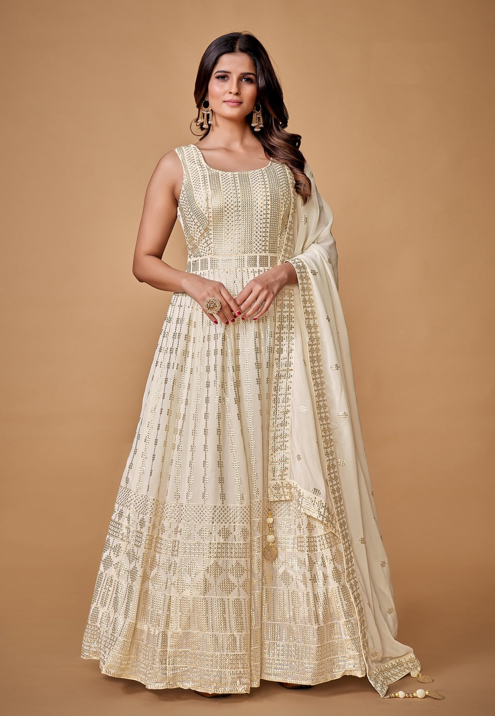 Georgette Embroidered Abaya Style Suit in Off White
