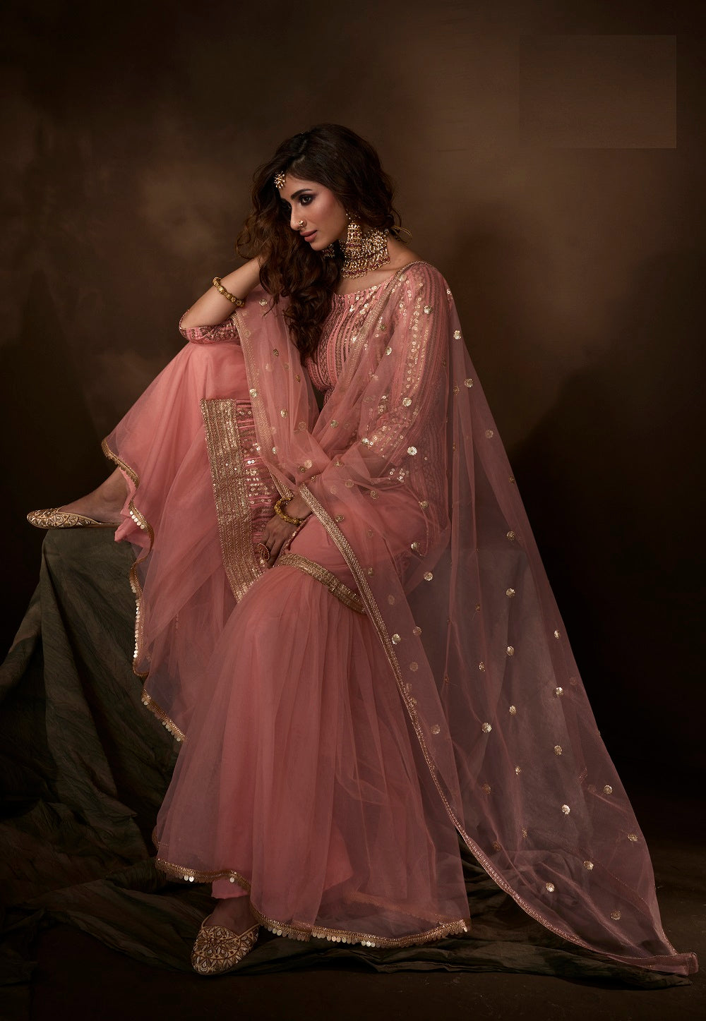 Net Embroidered Pakistani Suit in Peach