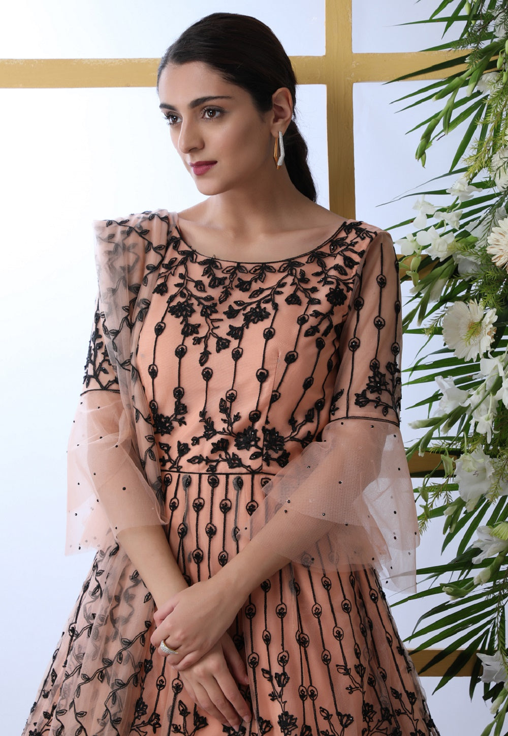 Embroidered Net Abaya Style Suit in Peach and Black
