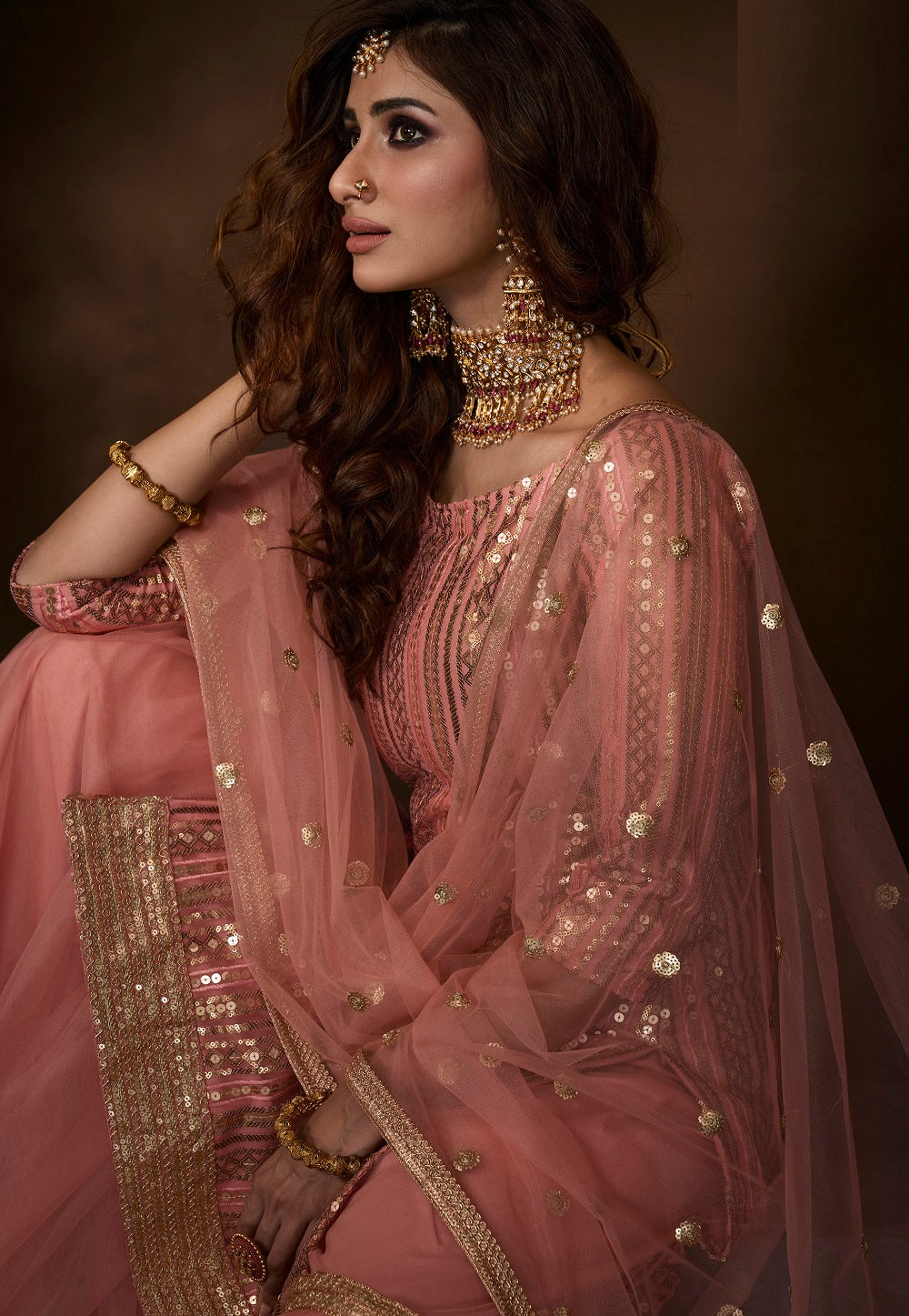 Net Embroidered Pakistani Suit in Peach
