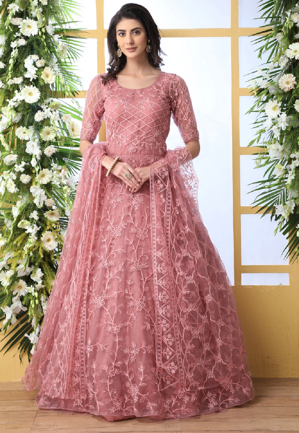 Embroidered Net Abaya Style Suit in Pink