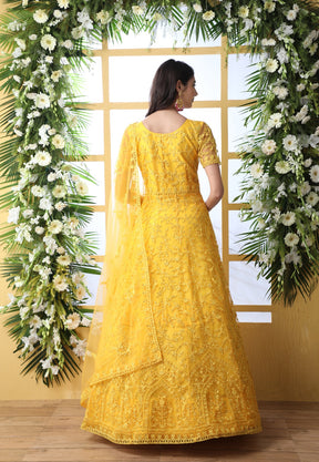 Embroidered Net Abaya Style Suit in Yellow