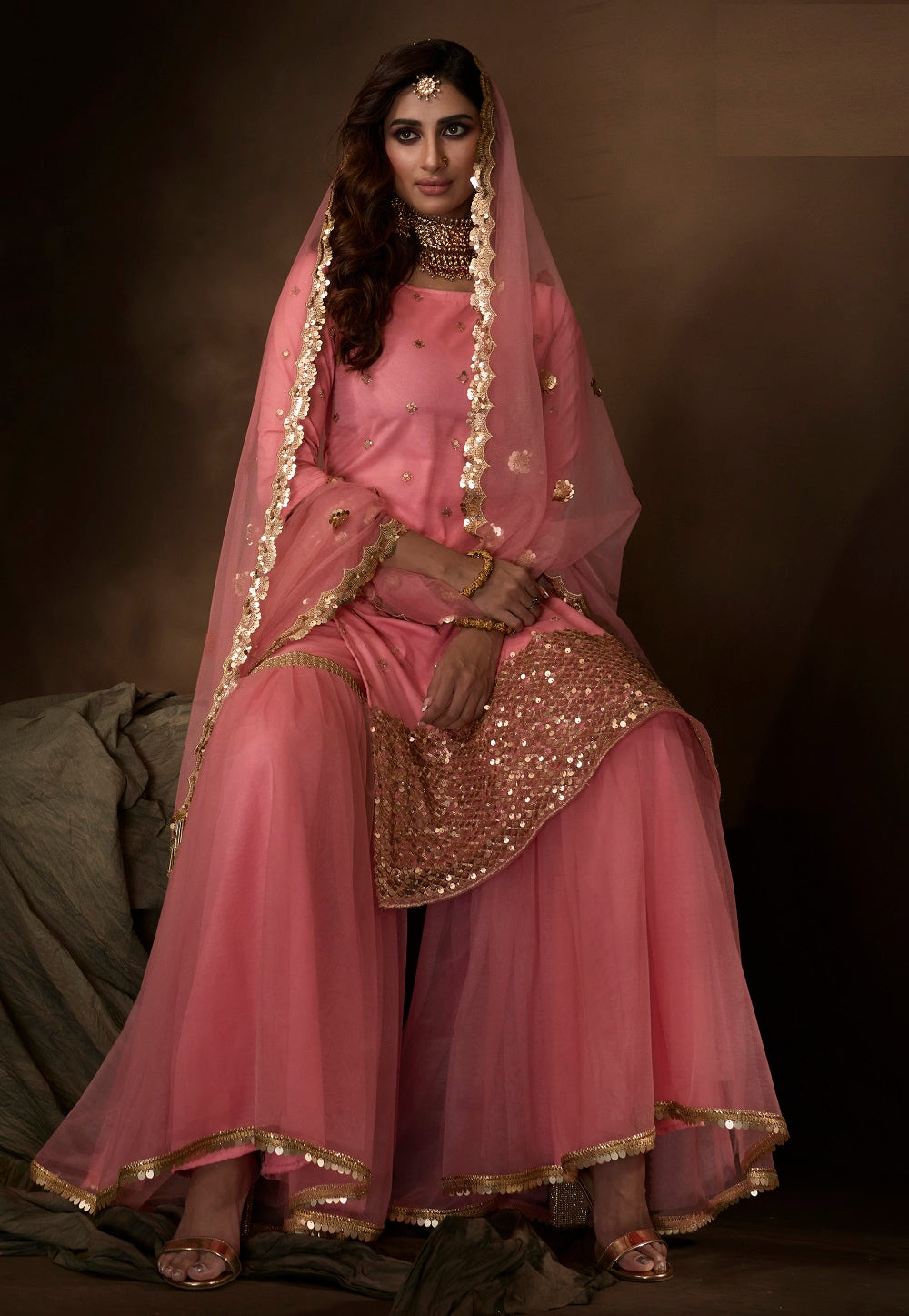 Net Embroidered Pakistani Suit in Pink