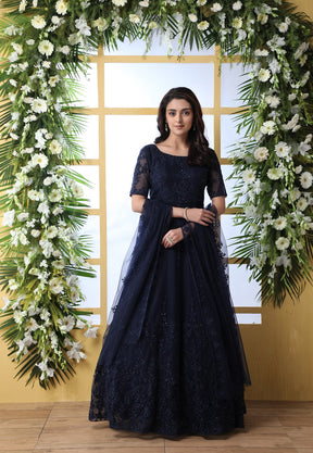 Embroidered Net Abaya Style Suit in Navy Blue