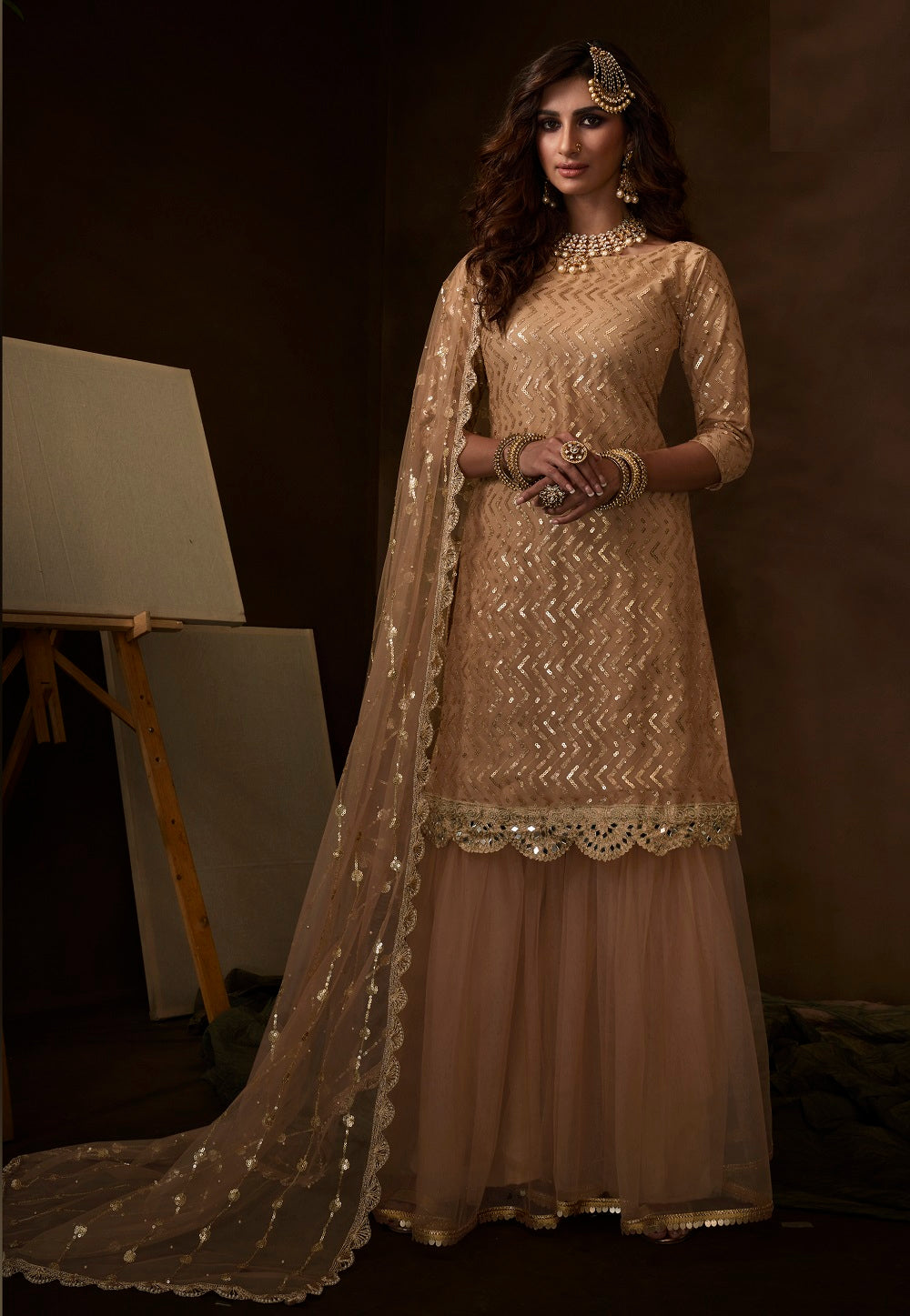 Net Embroidered Pakistani Suit in Beige