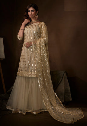 Net Embroidered Pakistani Suit in Light Beige