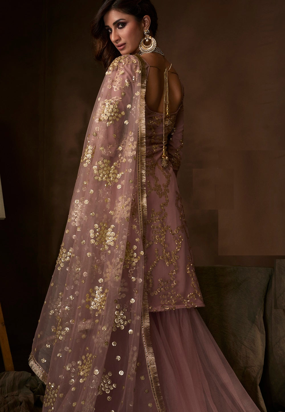 Net Embroidered Pakistani Suit in Dusty Pink