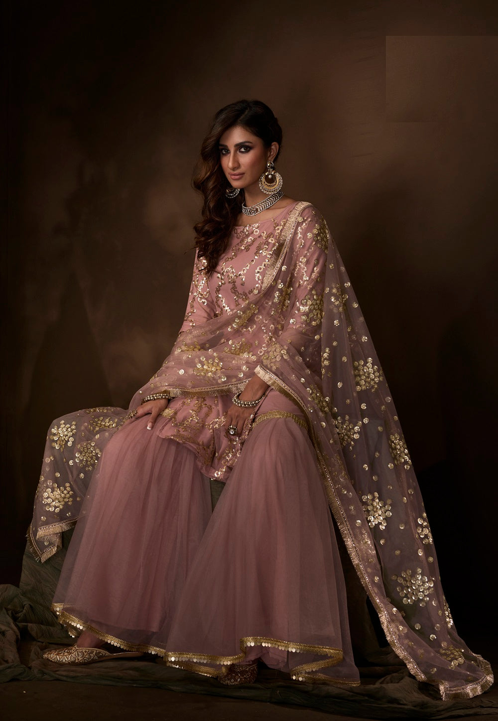 Net Embroidered Pakistani Suit in Dusty Pink