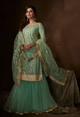 Net Embroidered Pakistani Suit in Sea Green