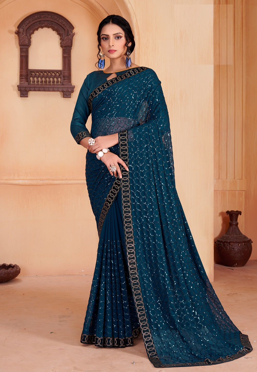 Georgette Sequined Saree in Teal Blue