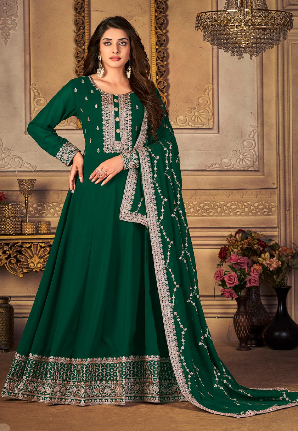 Georgette Embroidered Abaya Style Suit in Green