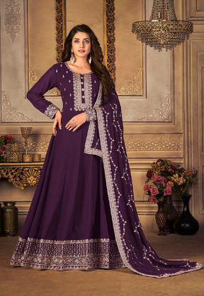Georgette Embroidered Abaya Style Suit in Purple