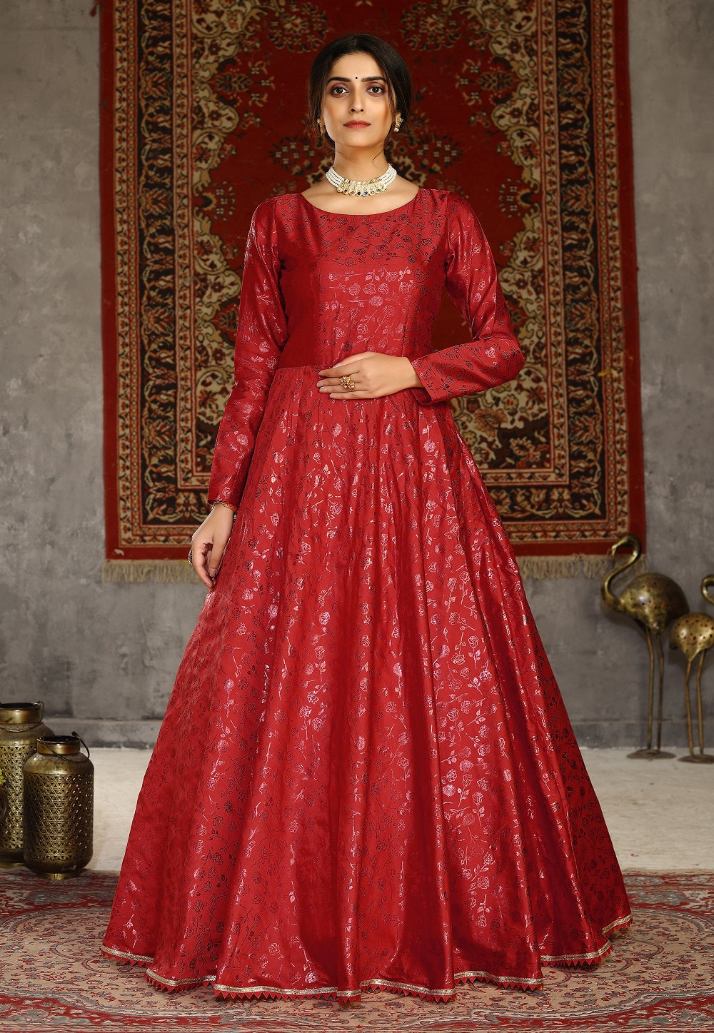 Foil Printed Taffeta Silk Gown in Red