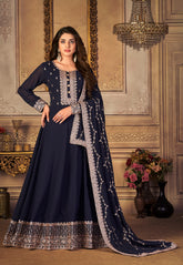 Georgette Embroidered Abaya Style Suit in Navy Blue