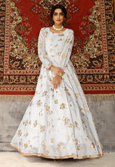 Foil Printed Taffeta Silk Gown in Off White
