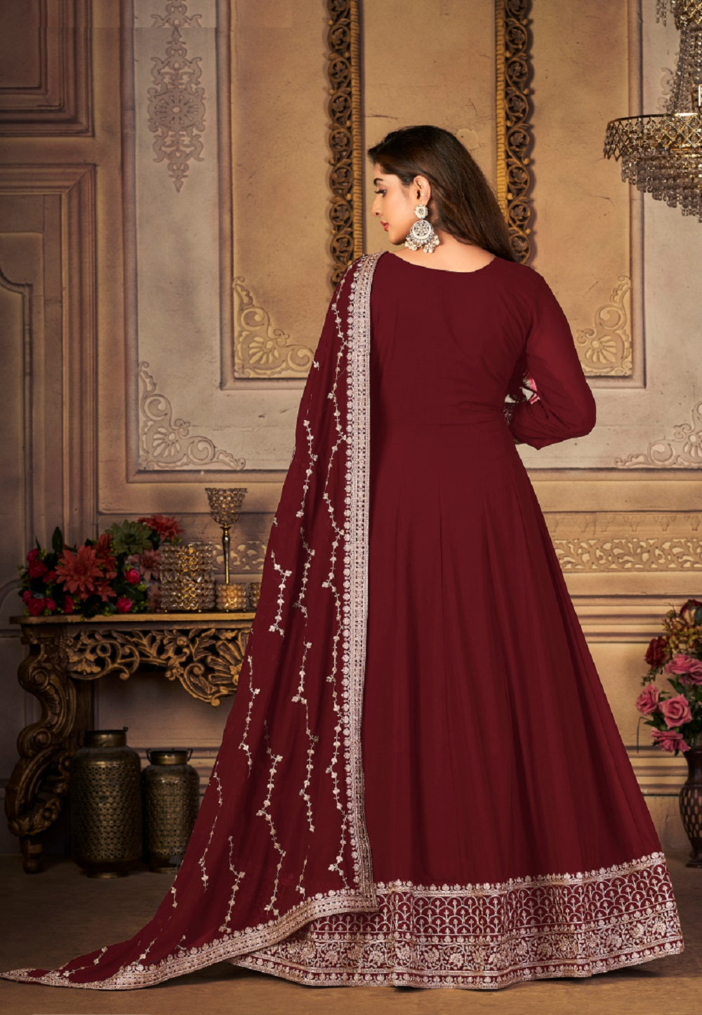 Georgette Embroidered Abaya Style Suit in Maroon