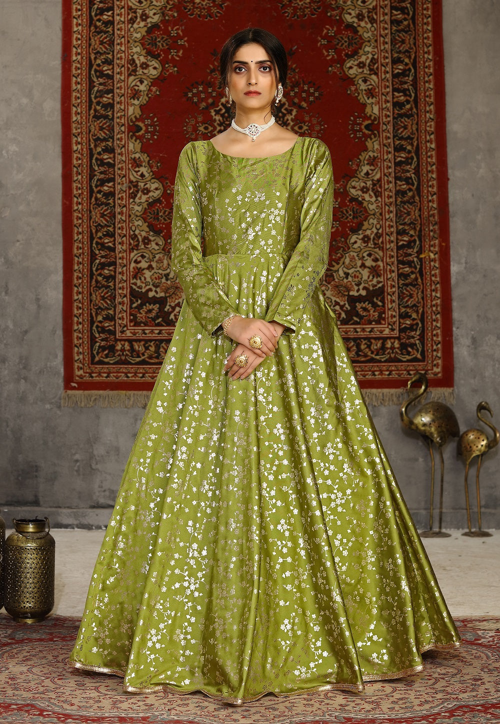 Foil Printed Taffeta Silk Gown in Olive Green