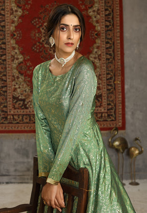 Foil Printed Taffeta Silk Gown in Dusty Green