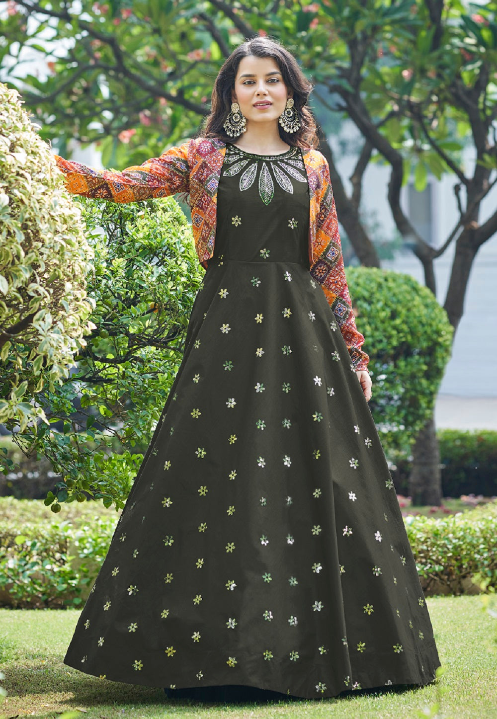 Cotton Embroidered Gown in Olive Green