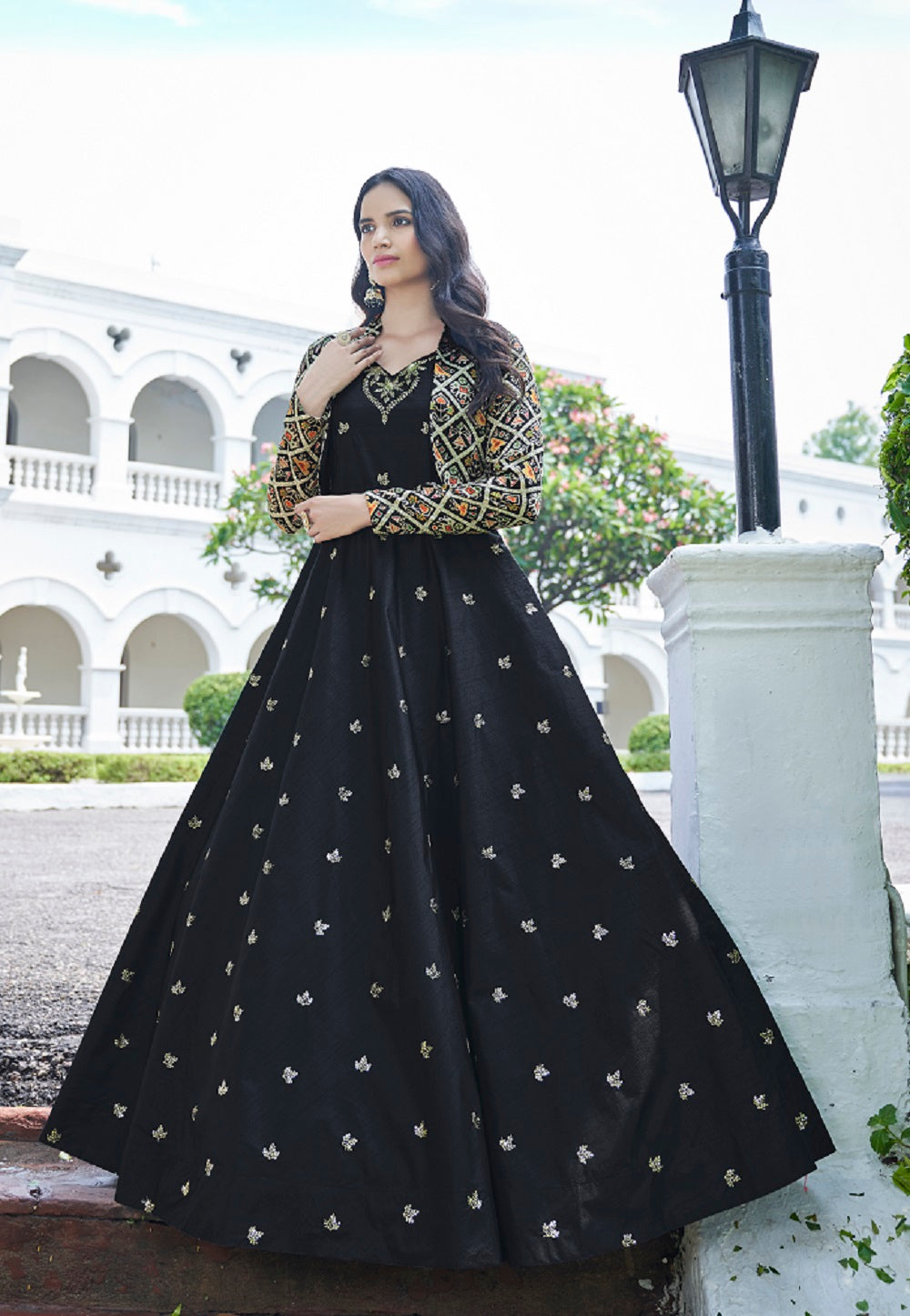 Cotton Embroidered Gown in Black