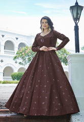 Cotton Embroidered Gown in Brown
