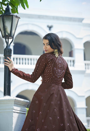 Cotton Embroidered Gown in Brown