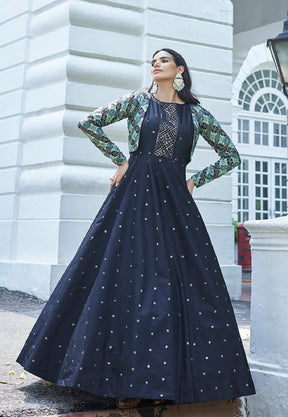 Cotton Embroidered Gown in Navy Blue