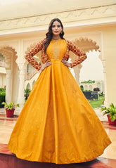 Cotton Embroidered Gown in Mustard