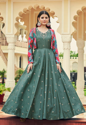 Cotton Embroidered Gown in Dusty Green
