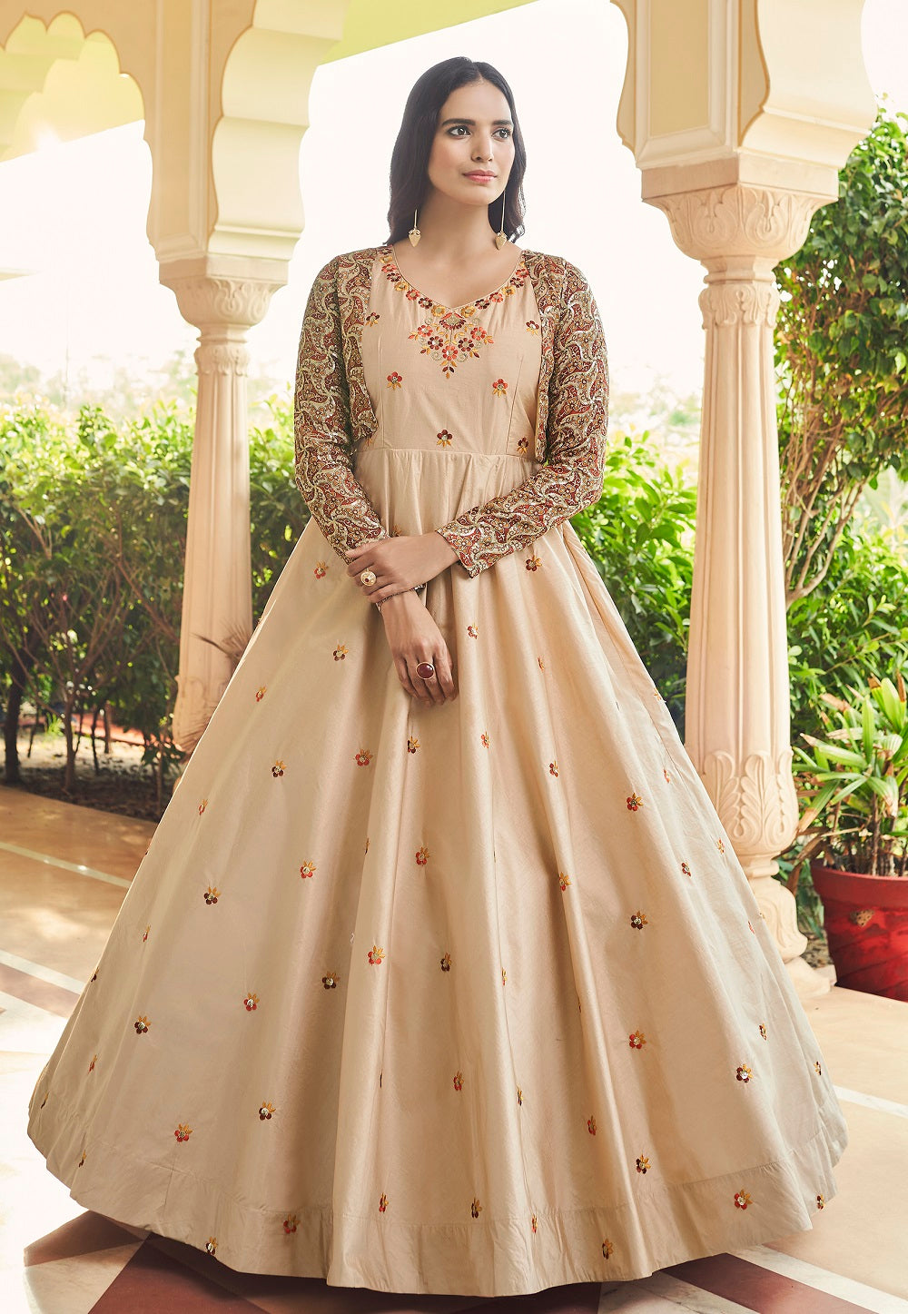 Cotton Embroidered Gown in Beige