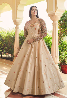 Cotton Embroidered Gown in Beige
