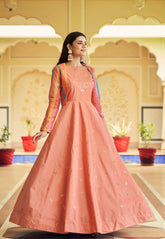 Cotton Embroidered Gown in Peach