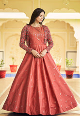 Cotton Embroidered Gown in Rust
