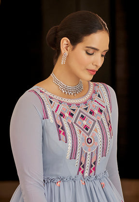 Georgette Embroidered Gown in Light Blue