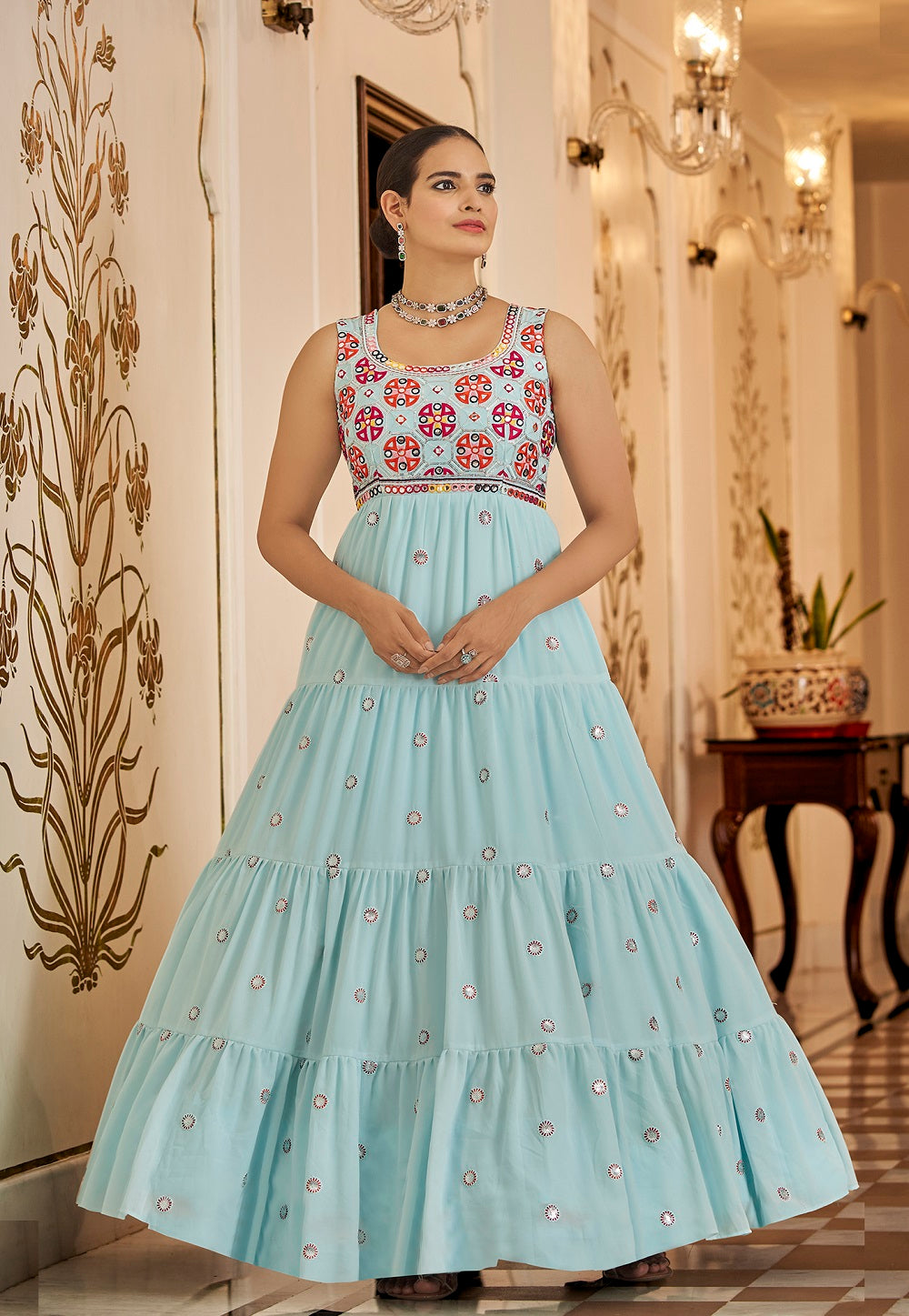 Georgette Embroidered Gown in Sky Blue