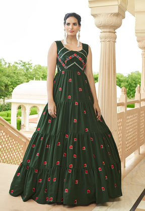 Georgette Embroidered Tiered Gown in Olive Green
