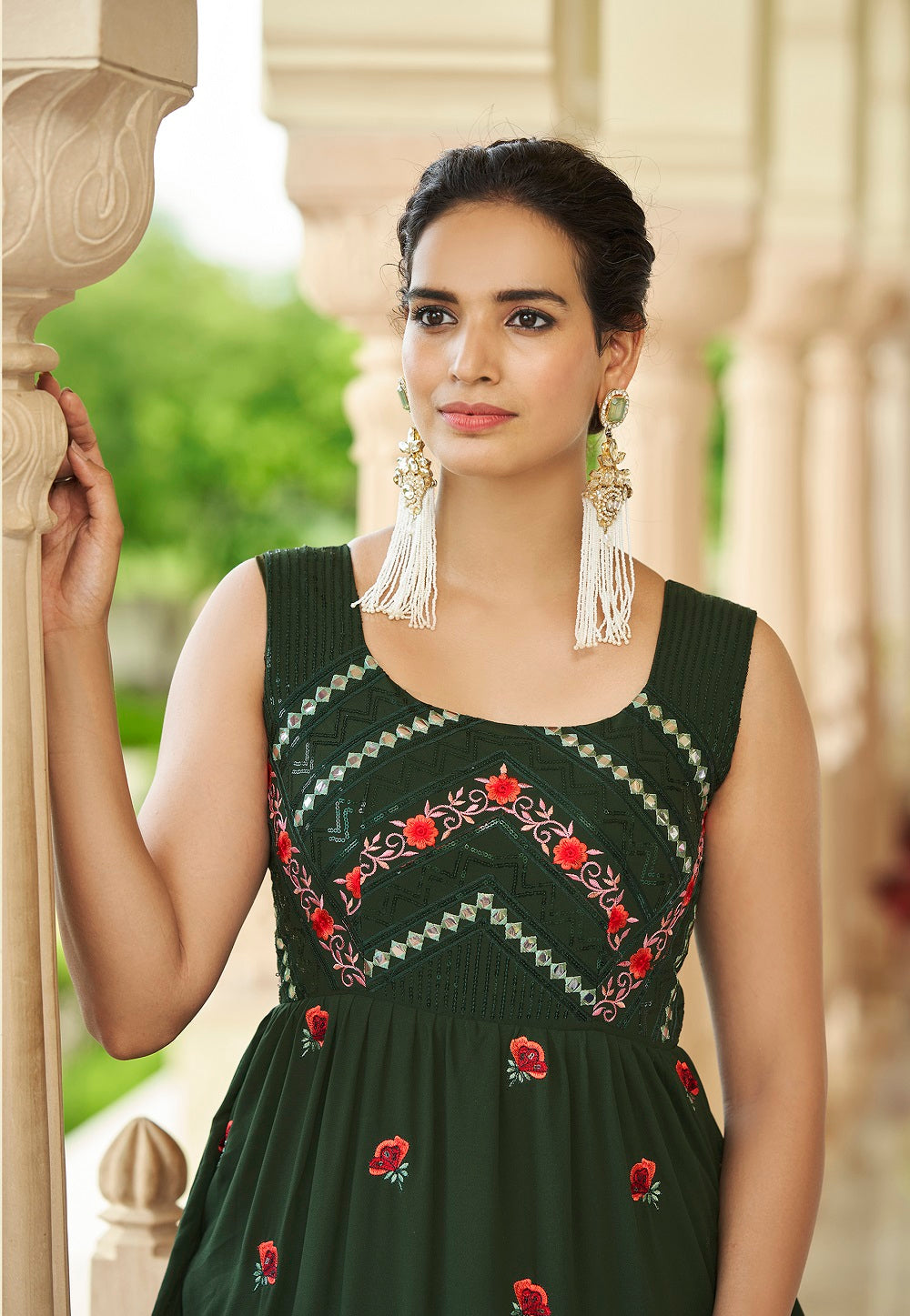 Georgette Embroidered Tiered Gown in Olive Green