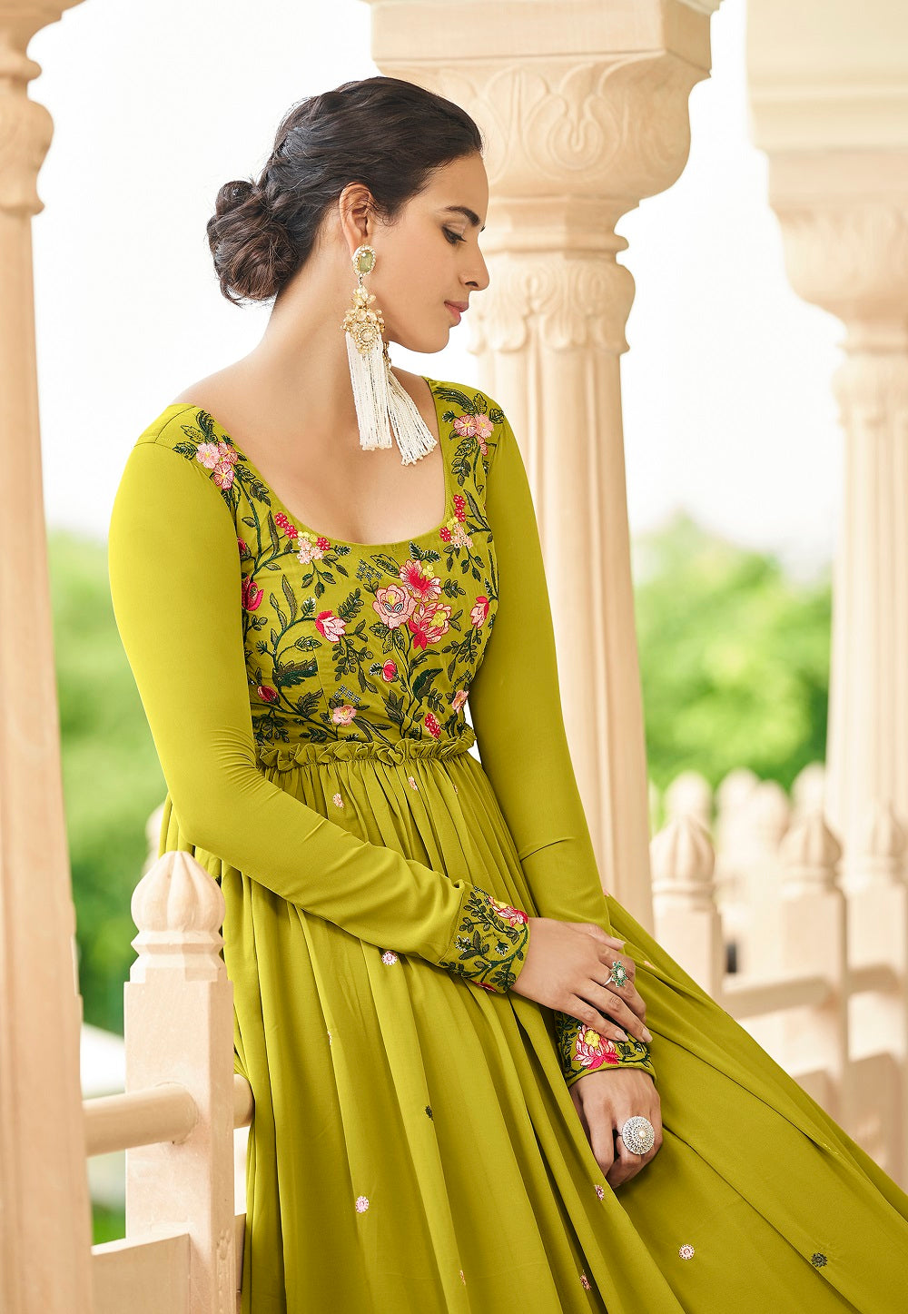 Georgette Embroidered Gown in Light Green