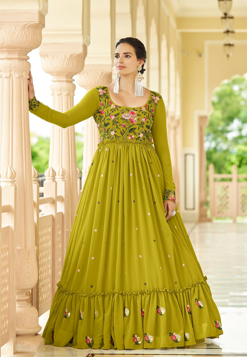 Georgette Embroidered Gown in Light Green