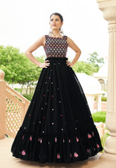 Georgette Embroidered Gown in Black
