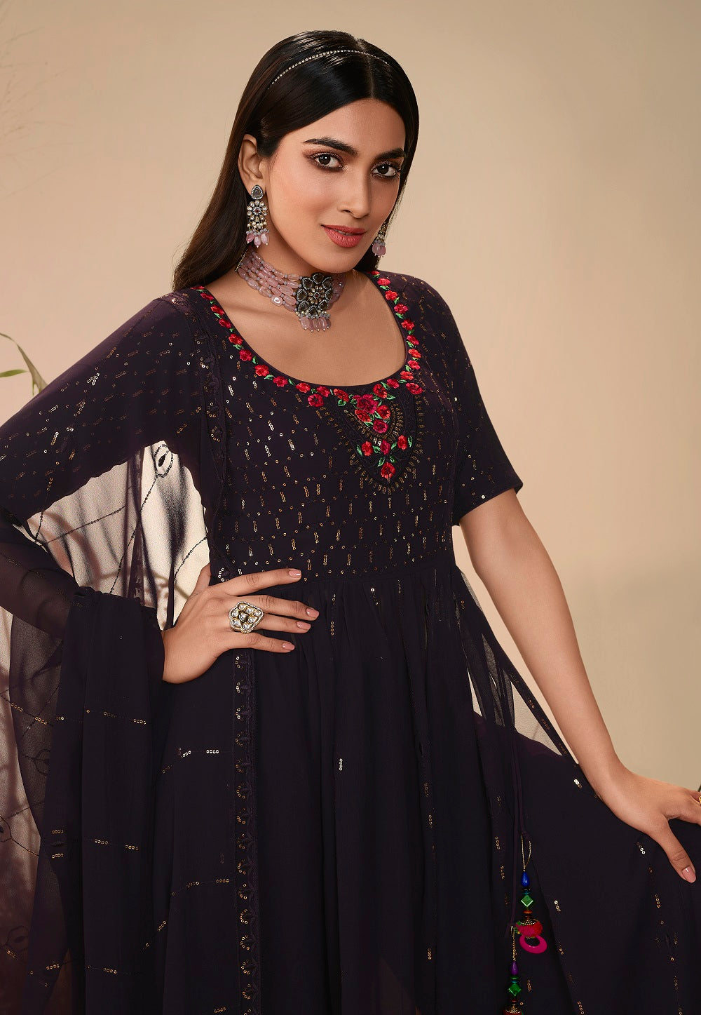 Georgette Embroidered Pakistani Suit in Dark Purple