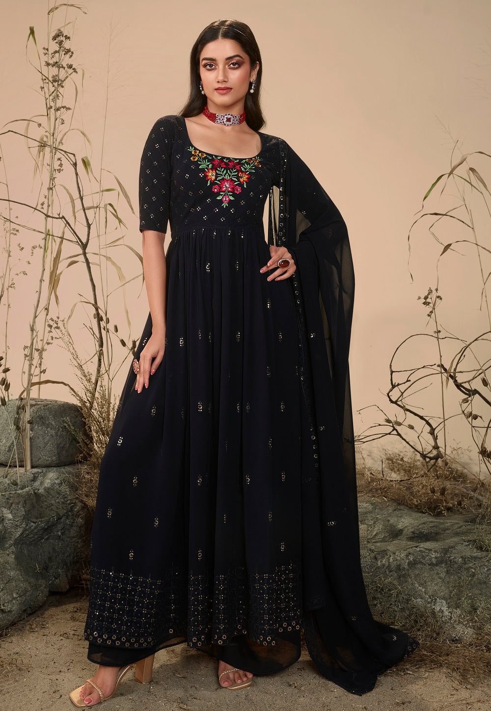 Georgette Embroidered Pakistani Suit in Dark Blue