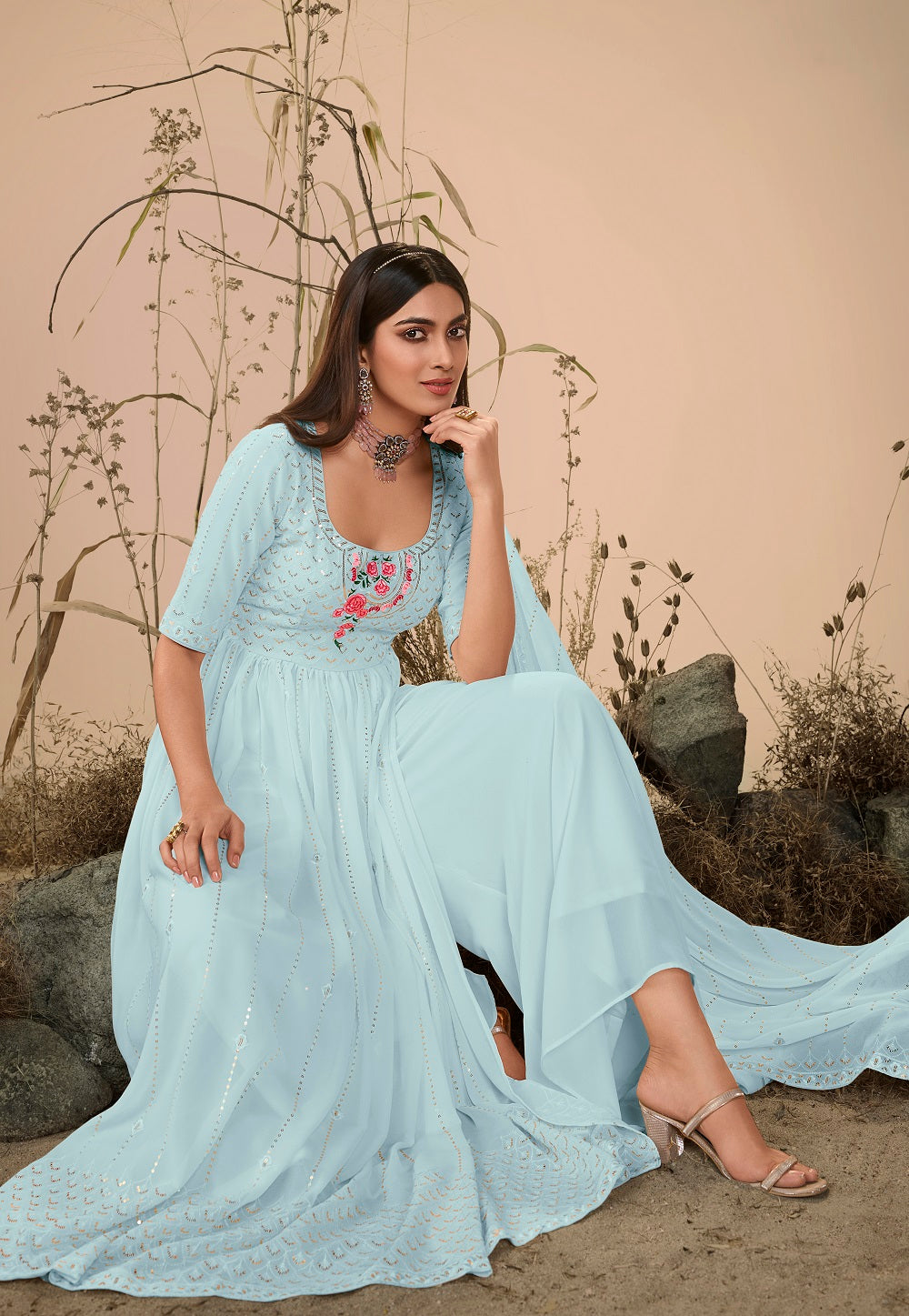 Georgette Embroidered Pakistani Suit in Sky Blue