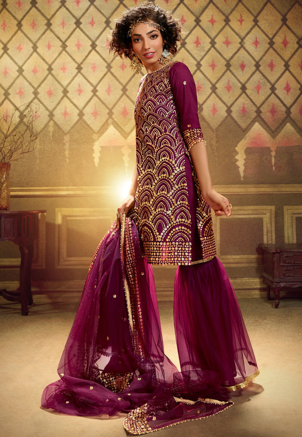 Net Embroidered Pakistani Suit in Magenta