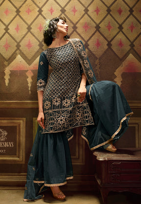 Net Embroidered Pakistani Suit in Teal Blue