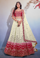 Chinon Silk Embroidered Lehenga in Off White and Red
