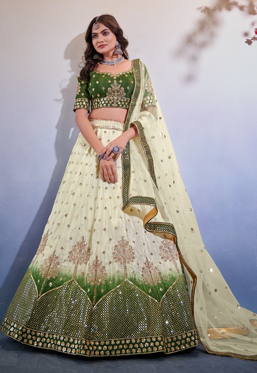 Chinon Silk Embroidered Lehenga in Off White and Green